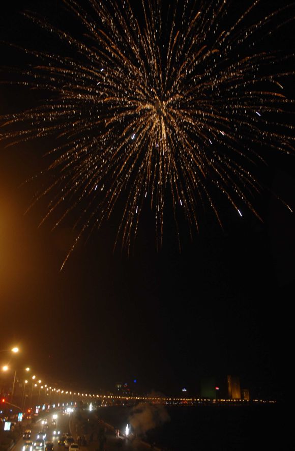 Fireworks light up the night sky at Mumbai's Marine drive