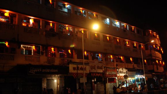 Colourful lanterns adorn a building in Mumbai