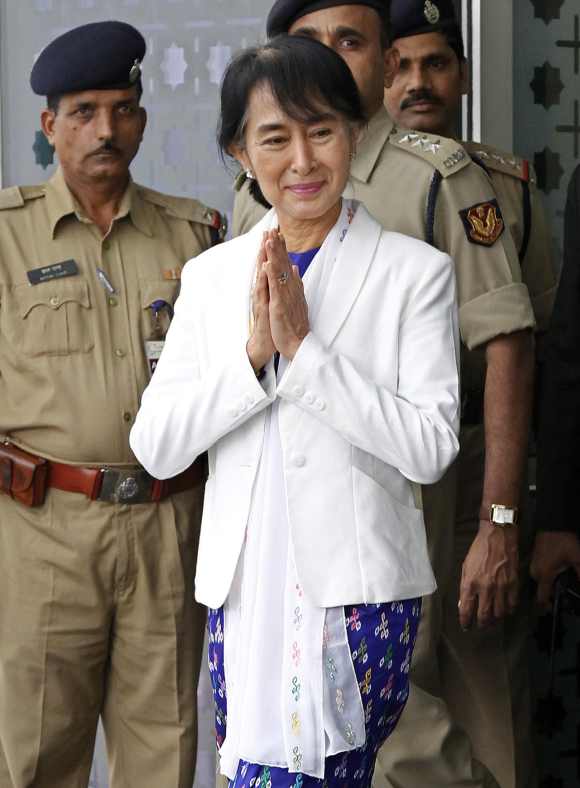 Aung San Suu Kyi arrives at the Indira Gandhi international airport in New Delhi
