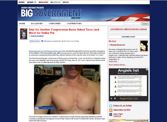 A screen grab of the website Biggovernment.com shows the photo of Anthony Weiner which was allegedly emailed to a young woman