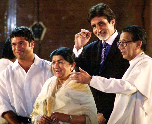 Bal Thackeray with Amitabh Bachchan, Lata Mangeshkar and Sachin Tendulkar at a function in Mumbai in this archival photo