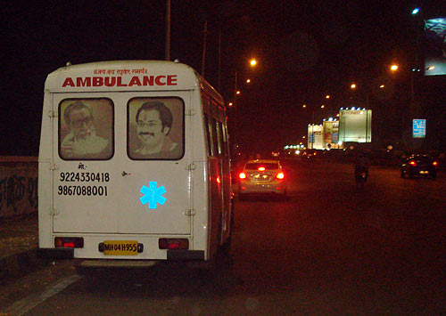 An ambulance with photographs of Bal Thackeray and son Uddhav