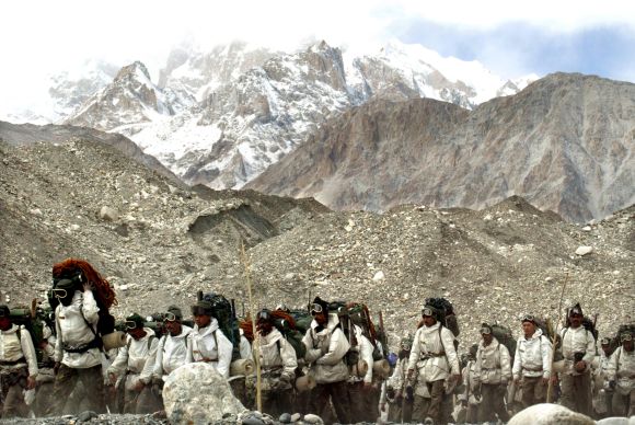 Indian troops at base camp after returning from training on the Siachen glacier