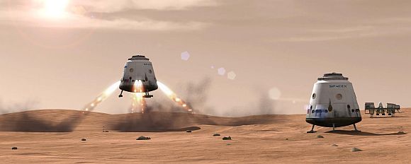 Artist's rendition of a Dragon spacecraft using its SuperDraco thrusters to land on Mars.
