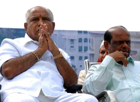 Yeddyurappa gestures during a rally in Bangalore on Friday where he formally broke ties with the BJP