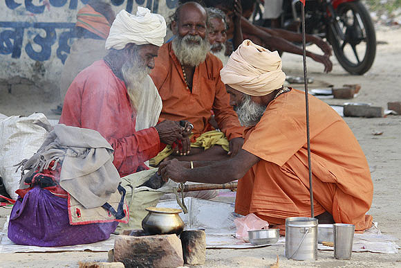 Kanta Prasad (in red, centre) left his home in Madhya Pradesh to be a wandering sadhu