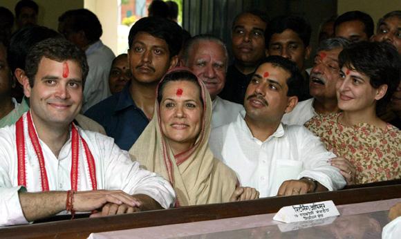 Sonia Gandhi with her son Rahul, son-in-law Robert Vadra, daughter Priyanka and party supporters in Rae Bareli, UP