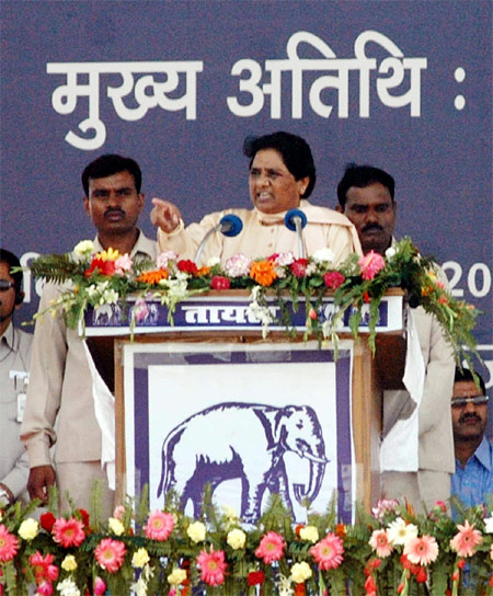 BSP chief Mayawati addresses her supporters during a rally Rama Bai Ambedkar Maidan in Lucknow