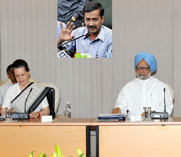 Prime Minister Manmohan Singh with Congress chief Sonai Gandhi at a UPA meet. (Inset) Arvind Kejriwal