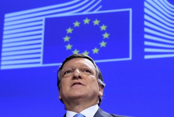 European Commission President Barroso makes a speech after EU won the Nobel Peace Prize