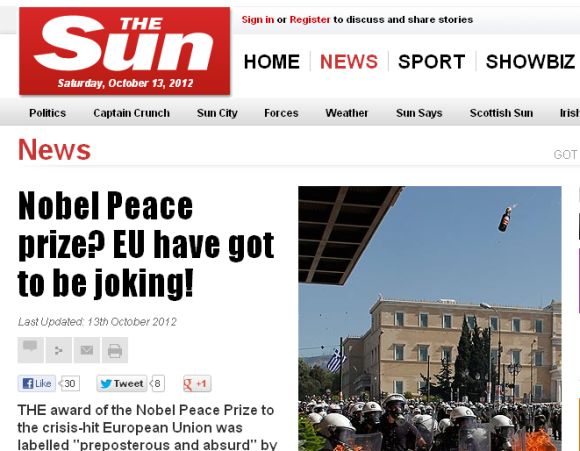 A grab of the Sun story on Nobel Peace Prize to EU
