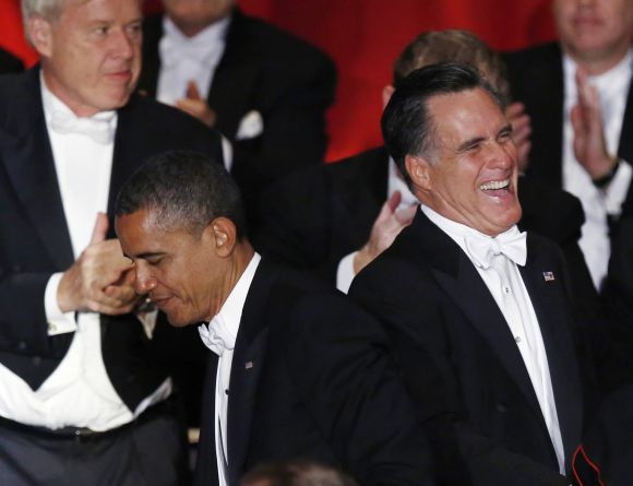 Obama and Romney are pictured on stage at the Alfred E. Smith Memorial Foundation dinner in New York