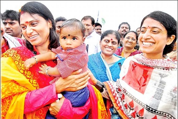 Sharmila (left) and Vijayamma (centre) during the ongoing YSR Congress padyatra in Kadapa district
