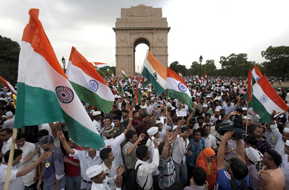 Anna Hazare's supporters at India Gate in New Delhi