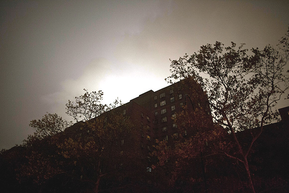 A view of a housing building in Manhattan's East Village hit by blackouts due to a power outage from rising waters