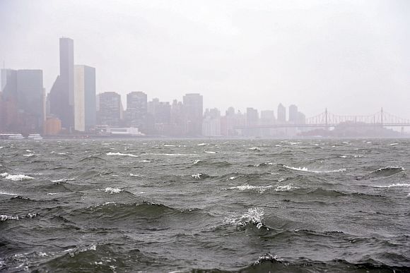 Waves pick up on the East River ahead of Hurricane Sandy on eastside of Manhattan