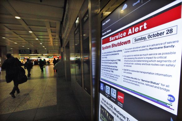A service announcement explains transit systems closure at Penn Station in New York on Sunday