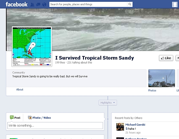 The 'Tracking Sandy' page on Facebook