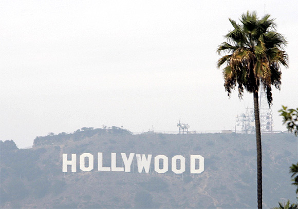 The Hollywood sign is seen on a hazy afternoon in Los Angeles, California
