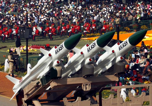 Akash missiles are displayed during the Republic Day parade in New Delhi