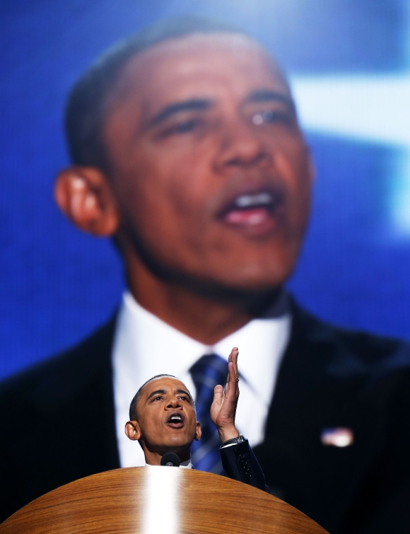 US President Barack Obama addresses delegates at the Democratic National Convention in Charlotte