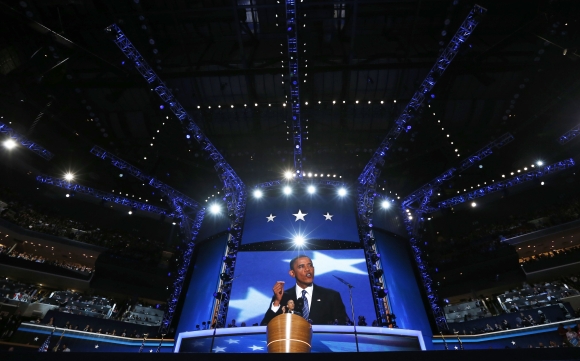 US President Barack Obama addresses delegates at the Democratic National Convention