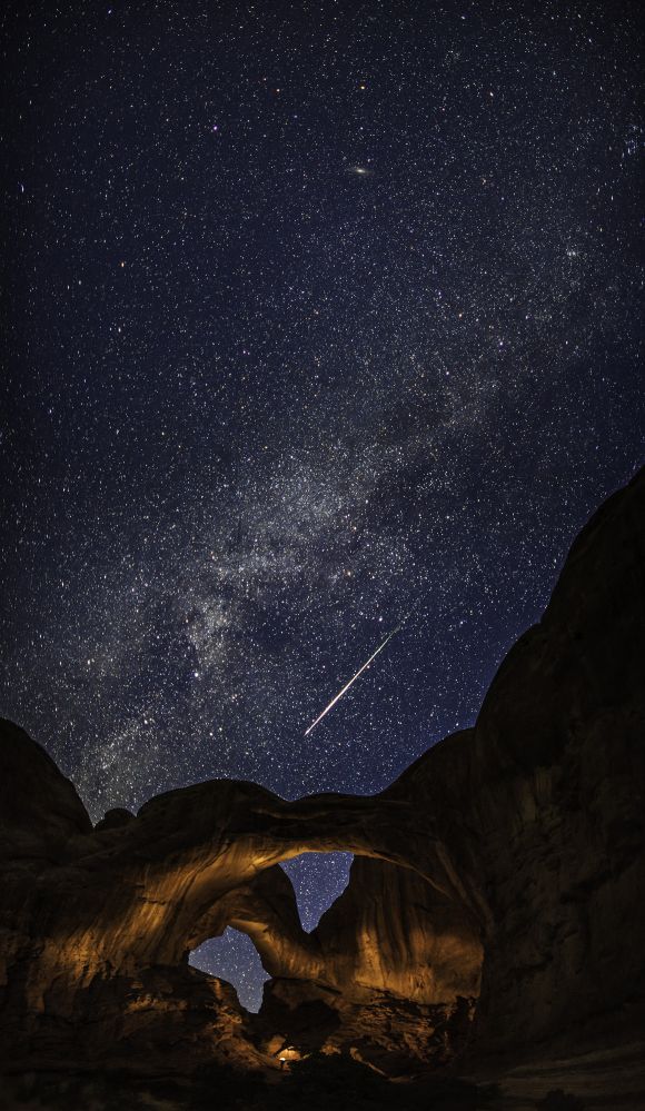 Double Arch with a Perseid Meteor and the Milky Way