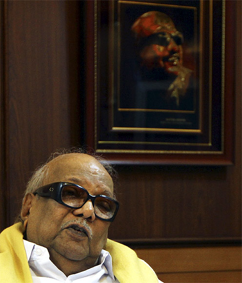 DMK chief Karunanidhi speaks during a meeting at party headquarters in Chennai