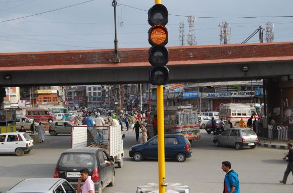 The site of the incident at the three-way crossing on the Maulana Azad road in Srinagar