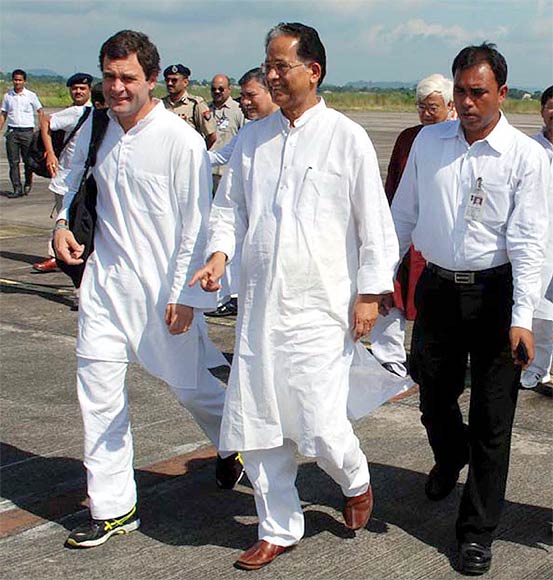 Rahul and Gogoi at the Guwahati airport prior to their visit to Gossaigaon, Kokrajhar