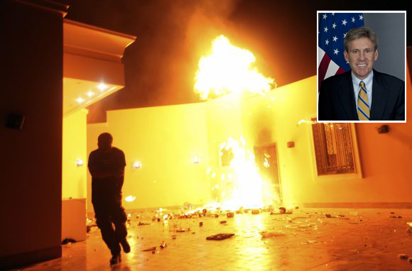 The US consulate in Benghazi is seen in flames during a protest on Tuesday (Inset) Slain US envoy to Libya Christopher Stevens