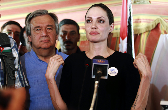 The UN refugee agency's special envoy, actress Angelina Jolie, speaks to the media during a news conference as U.N. High Commissioner for Refugees (UNHCR).