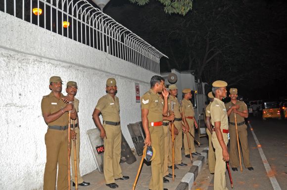 Policemen keep vigil outside the US consulate in Chennai