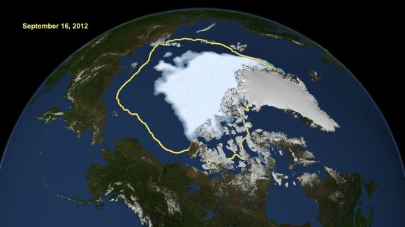 NASA handout image shows how satellite data reveals how the new record low Arctic sea ice extent, from September 16, 2012, compares to the average minimum extent over the past 30 years (in yellow).