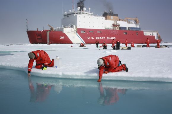 Scientists Jens Ehn (L) and Christie Wood scoop water from melt ponds on sea ice in the Chukchi Sea in the Arctic Ocean