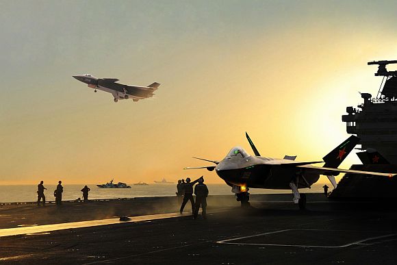 Artist's impression J-20 Mighty Dragon fifth generation fighter jet from the on the flight deck of the aircraft carrier