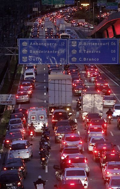 Vehicles are seen in a traffic jam during rush hour at Marginal Pinheiros in Sao Paulo