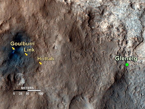 This map shows the path on Mars of NASA's Curiosity rover toward Glenelg, an area where three terrains of scientific interest converge