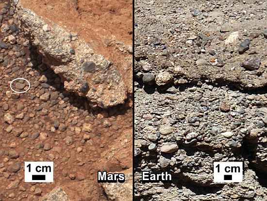 This set of images compares the Link outcrop of rocks on Mars (left) with similar rocks seen on Earth (right)
