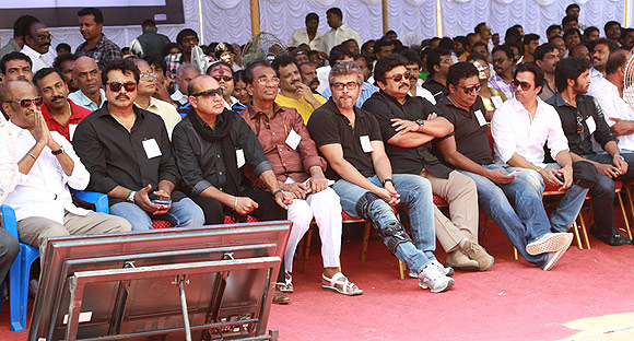 (From left) Rajinikanth, Sarath Kumar, Vijay Kumar, were among those who took part in the fast