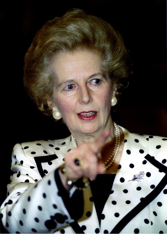 Former Prime Minister Margaret Thatcher gestures during a plaque unveiling ceremony at the House of Commons