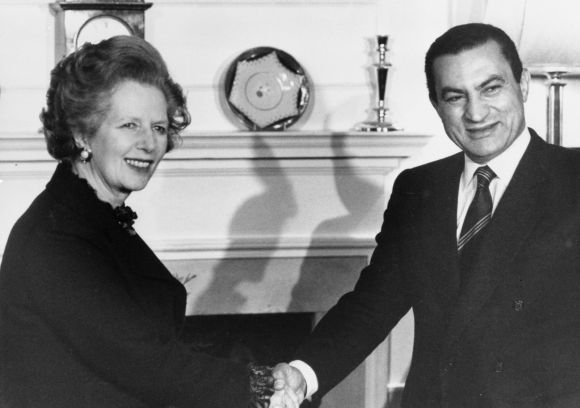 Britain's Prime Minister Margaret Thatcher greets Egypt's President Hosni Mubarak inside 10 Downing Street, London