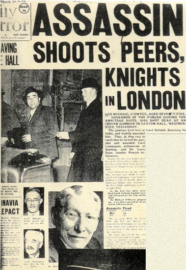 Headline in the Daily Mirror on Udham Singh's killing of Sir Michael Dwyer