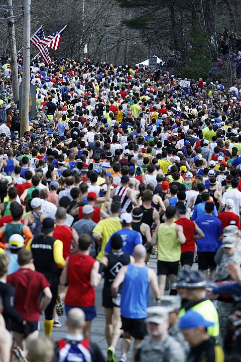 The first wave of runners starts the 117th running of the Boston Marathon in Hopkinton, Massachusetts