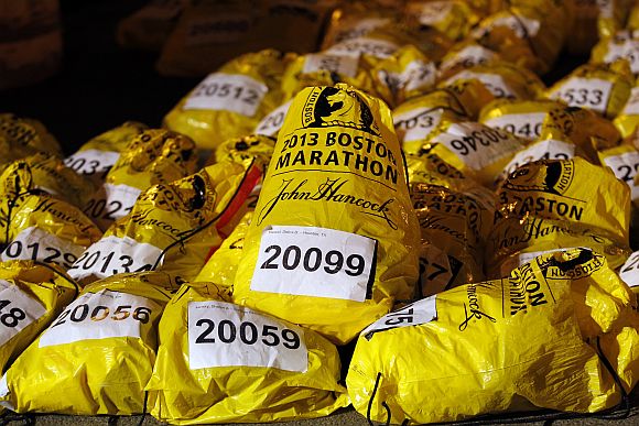 Unclaimed runner's bags from the Boston Marathon are seen in Boston