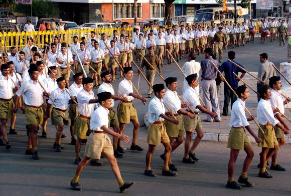 Members of Rashtriya Swayamsevak Sangh take part in annual marching procession in Bhopal.