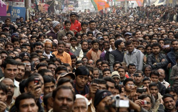 Supporters at a BJP election campaign rally in Allahabad
