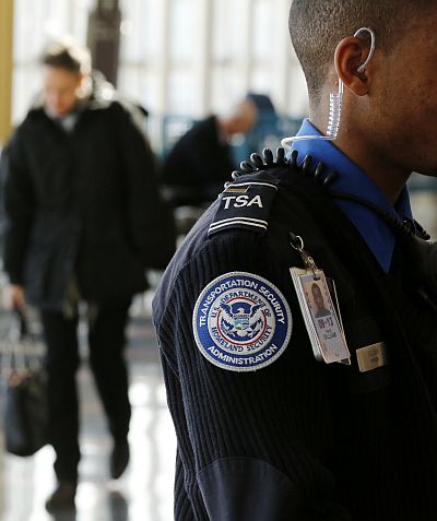 The logo on the sweater of a Transportation Security Agency (TSA) officer is seen at Washington's Reagan National Airport outside Washingto