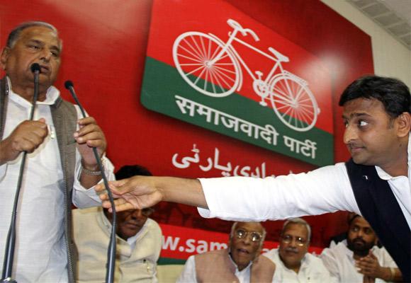 Akhilesh Yadav with his dad, Samajwadi Part President Mulayam Singh Yadav.