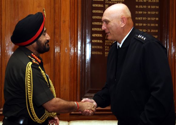 Indian Army Chief General Bikram Singh greets his US counterpart General Odierno during the latter's visit to India